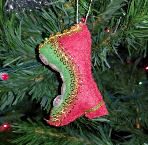 A Christmas ornament in the shape of a boot.