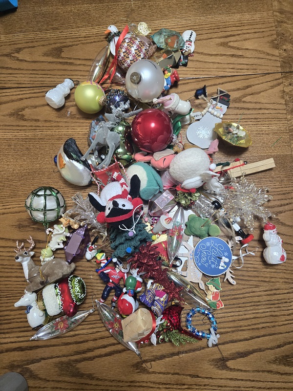A pile of Christmas ornaments.
