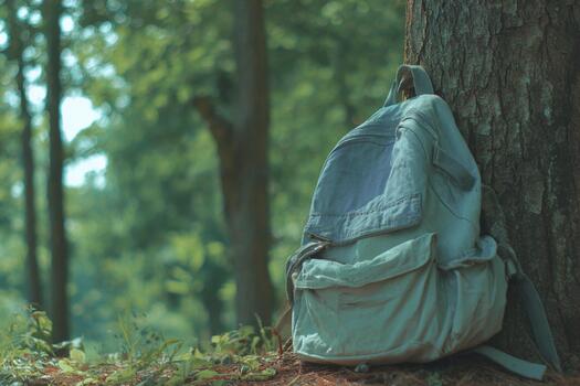 An old green backpack resting against a tree in the forest.